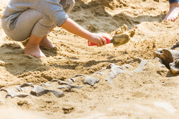 Children are learning dinosaur remains, Excavating dinosaur fossils simulation in the park. © piyaphunjun
