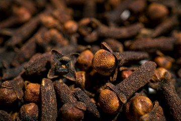 Dried Cloves (Syzygium aromaticum) flower buds, closeup and selective focus.