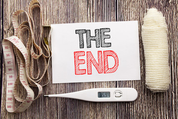 Handwritten text showing The End. Business fitness health concept writing for End Finish Close...