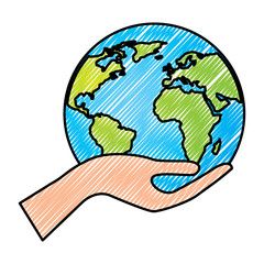 human hand holding earth globe world vector illustration drawing graphic