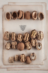 Beautifully presented walnuts on old book pages can be used as background