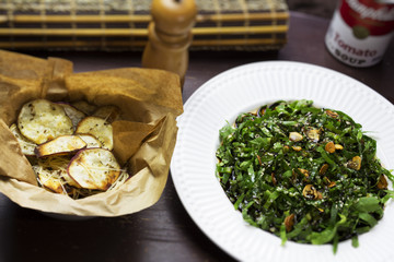 Green salad and sweet potato chips
