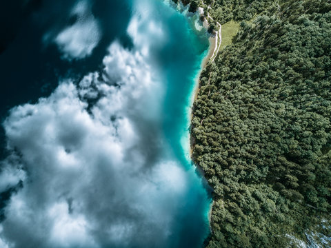 Aerial view of forest with reflection of cloudy sky in lake
