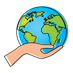 human hand holding earth globe world vector illustration