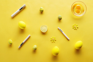 Layout of eggs on a pastel yellow background. Easter concept. Top view. Flat lay.