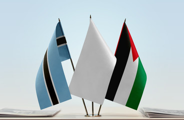 Flags of Botswana and Palestine with a white flag in the middle