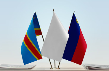 Flags of Democratic Republic of the Congo (DRC, DROC, Congo-Kinshasa) and Liechtenstein with a white flag in the middle