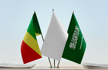 Flags of Republic of the Congo and Saudi Arabia with a white flag in the middle