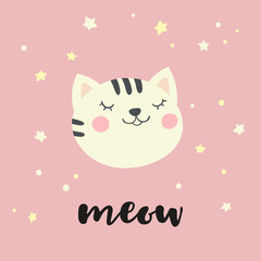 Card with cute kitty and hadwritten inscriptin Meow. Vector illustration.