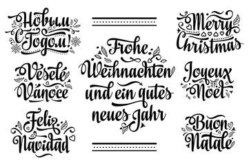 Christmas template. Vintage style. Christmas phrase on English, German, Czech, Russian, Italian, French, Spanish.