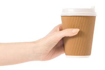 Cardboard glass cup of coffee in hand