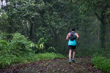 Naklejka na ściany i meble Athletic runner running on tropical forest trail, dramatic tone