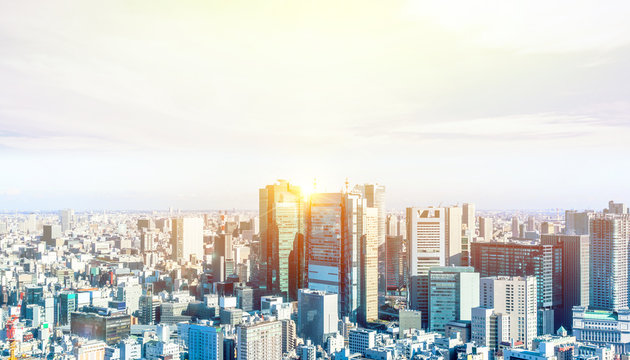 Asia Business concept for real estate and corporate construction - panoramic modern city skyline bird eye aerial view near tokyo tower under bright sun and vivid blue sky in Tokyo, Japan