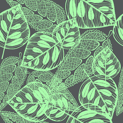 Imprint leaves - seamless pattern. Green leaves on dark grey background. Vector illustration