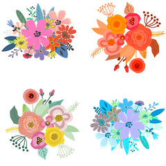 Beautiful spring bouquets of flowers for cards and posters decoration, vector illustration