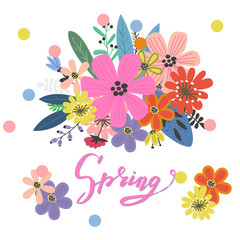 The word spring background with flower bouquet. Vector illustration.