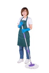 Young Asian housewife holding mop stand on white background