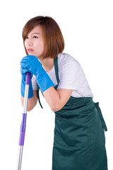 Young Asian housewife holding mop stand on white background