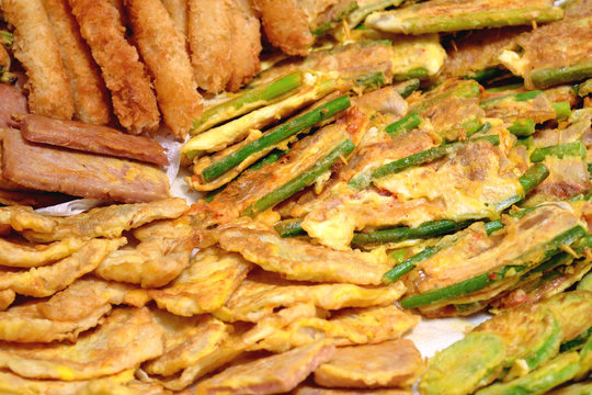 Food, Korean style pancakes called "buchimgae", Panfry with various ingredients in egg