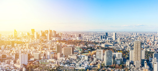 Asia Business concept for real estate and corporate construction - panoramic modern city skyline bird eye aerial view of Shinjuku under blue sky in Roppongi Hill, Tokyo, Japan