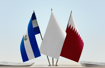 Flags of El Salvador and Qatar with a white flag in the middle