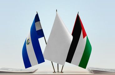 Flags of El Salvador and Palestine with a white flag in the middle