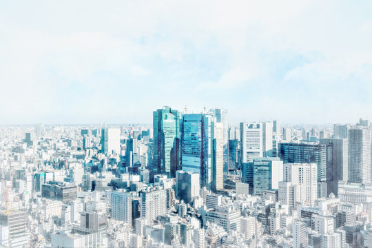 Asia Business concept for real estate and corporate construction - panoramic modern city skyline bird eye aerial view with crane in Tokyo, Japan. Mix hand drawn sketch illustration