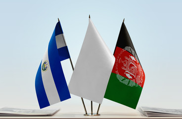 Flags of El Salvador and Afghanistan with a white flag in the middle
