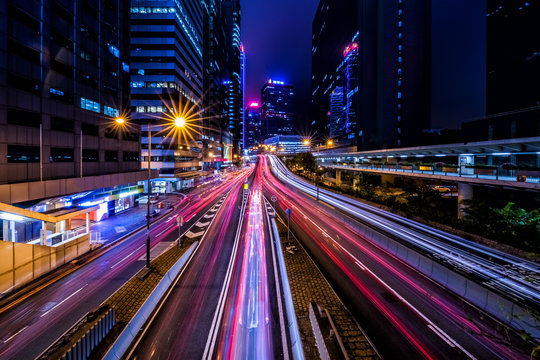 Hong Kong Central Business District at Night with Light Track