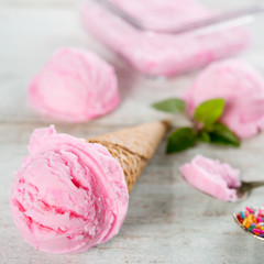 Pink ice cream waffle cone