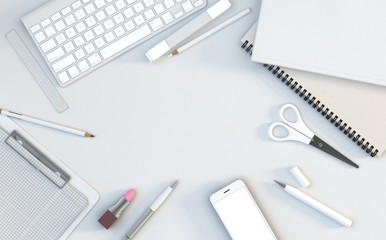 Office work space with computer keyboard, stationery set, cup of coffee and smartphone on desk. Top view. Flat lay. 3D illustration