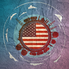 Circle with energy relative silhouettes. Objects located around circle. Flag of the USA in the center of circle. Modern brochure, report or leaflet design template.