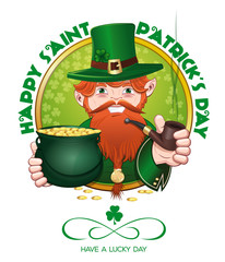 Red bearded cartoon leprechaun with a pot of gold and a smoking pipe. Happy Saint Patricks Day. St. Patrick's Day design with leprechaun. Vector illustration