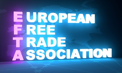 Acronym EFTA - European Free Trade Association. Business conceptual image. 3D rendering. Neon bulb illumination. Global teamwork.