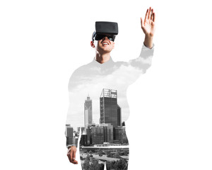 Guy wearing checked shirt and virtual mask stretching hand to touch something
