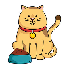 cute cat mascot with dish food vector illustration design