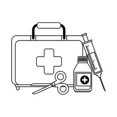 medical kit with scissors and bottle vector illustration design