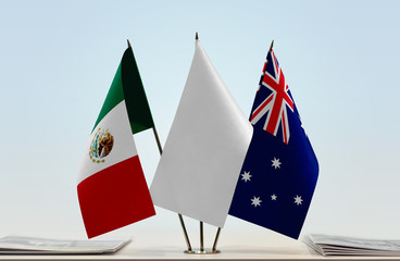 Flags of Mexico and Australia with a white flag in the middle