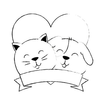 cute dog and cat with ribbon vector illustration design
