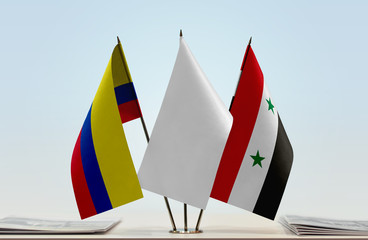 Flags of Colombia and Syria with a white flag in the middle