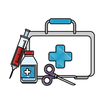medical kit with scissors and bottle vector illustration design