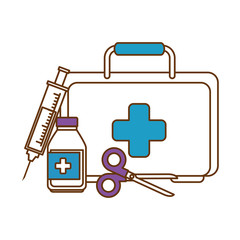 medical kit with scissors and bottle vector illustration design