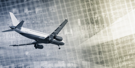 Plane flying on skyscrapers and binary key background