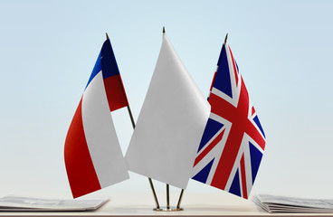 Flags of Chile and United Kingdom with a white flag in the middle