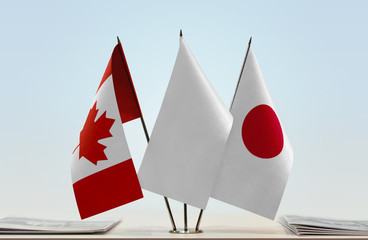 Flags of Canada and Japan with a white flag in the middle