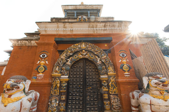 Decorated doorway at a temple in Kathmandu Nepal 