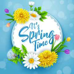 It's spring time banner with round frame and flowers on blue sky background