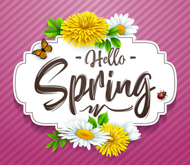 Hello Spring background with flower, ladybug, and butterfly on striped purple background