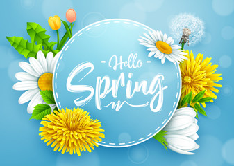 Obraz premium Hello spring banner with round frame and various flower on blue background