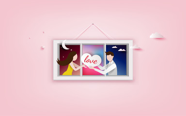 Social network concept Modern flat  design. Man giving his heart for woman in another place